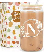 Birthday Gifts for Women, Monogrammed Initial Glass Cup Personalized Gifts for Women, 16oz Glass Cups with Lids and Straws, Iced Coffee Cup, Beer Can Shaped - Gift for Christmas, Birthday, N