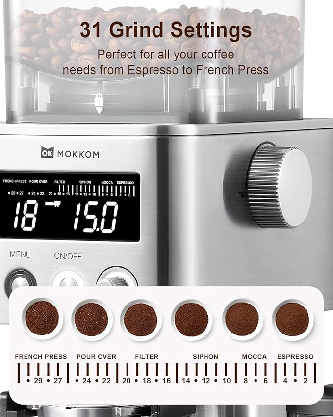 MOKKOM Coffee Grinder, Anti-static Conical Burr Coffee Bean Grinder, Adjustable Electric Burr Mill with 31 Precise Settings for Espresso/Drip/Pour Over/Cold Brew/French Press Coffee Maker
