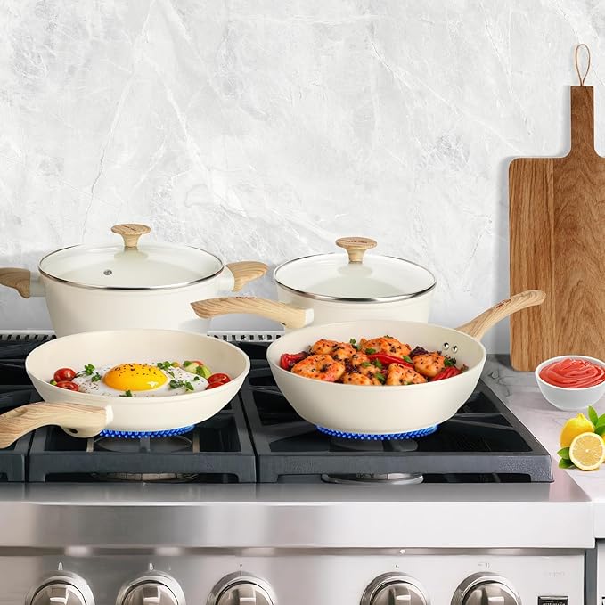 FELAMP Healthy Ceramic Nonstick Cookware Set, 7-Piece PFOA/PFOS/Toxin-Free Pots & Pans Set for Induction & All Stovetops, Dishwasher Safe with Glass Lids，Gift for New Home & Chefs