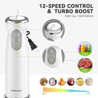 Immersion Blender Handheld 5 in 1 Hand Blender, 1000W Hand Mixer Stick, BPA-Free 12 Speed Handheld Blender with Mixing Beaker, Chopper, Whisk and Milk Frother for Soup, Sauce, Baby Food (White)
