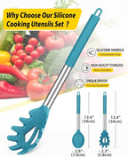 Silicone Pasta Fork and Cooking Spoon Set, Non Stick Kitchen Utensils for Cooking,Stirring,Serving Spaghetti, Soup, Sauce (BLUE)