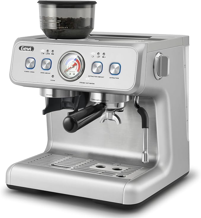 Gevi Dual Boiler Espresso Machine with Built-in Grinder, 58mm Professional Portafilter, Barista Steam Wand, 31 Grind Settings, Commercial Grade Stainless Steel Housing for Home Café, Sterling Silver