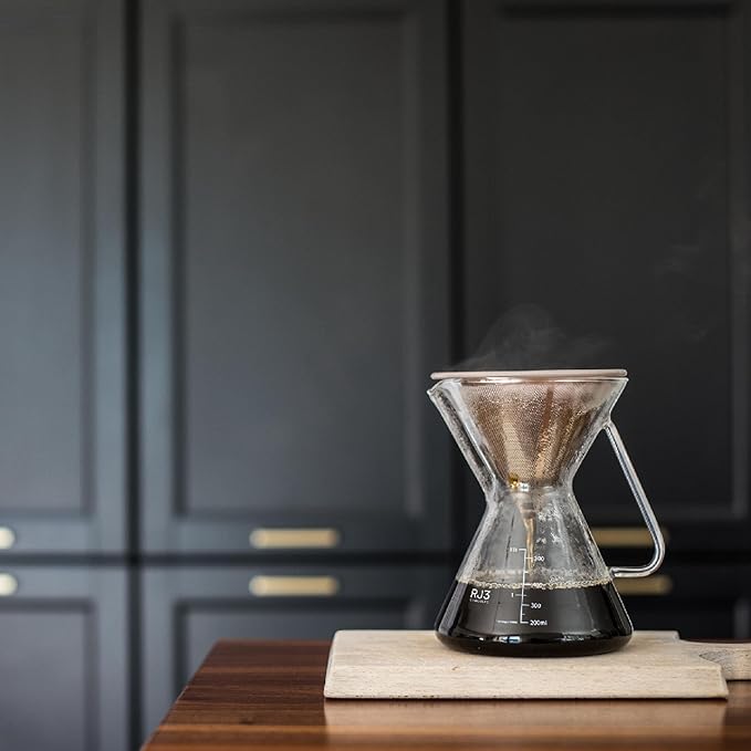 ovalware Pour Over Coffee Maker Set | 17oz / 0.5L Borosilicate Carafe with 304 Stainless Steel Filter and Precision Measuring Cup | Glass Coffee Dripper for Home Brewing