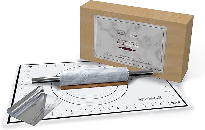 White Marble Rolling Pin with Stainless Steel Handles Baking Set - Silicone Baking Mat, Bench Scraper, Wooden Base