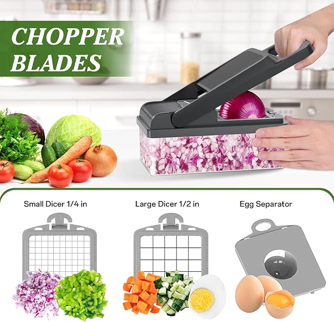 HomeHacks Vegetable Chopper Vegetable Cutter, 12 in 1 Kitchen Gadget, Dicer, Slicer, Onion Cutter, Salad, Cheese Grater & Egg Separator - Multi-Functional Veggie Chopper Lid with Handle (Grey)