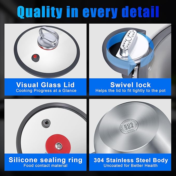 WELLOXY 3-Ply Stainless Steel Micro-Pressure Cooker 7.5Qt - Dutch Oven, Stock Pot, Stew Pots with Locking Lid for Soup, Braising, Pasta, Saves Time & Energy, Lead & PFOA Free (Not a High-Pressure Pot)