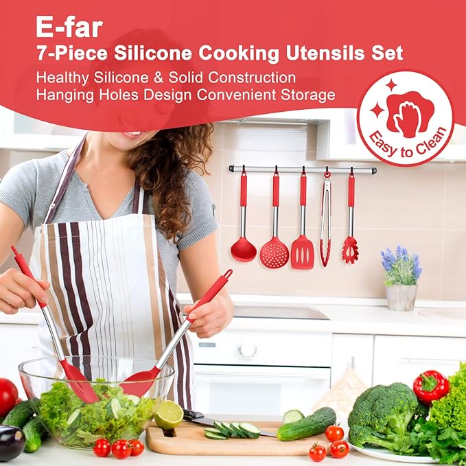 E-far Silicone Cooking Utensils Set, 7 Pcs Heat Resistant Kitchen Utensils with Stainless Steel Handle, Slotted Turner, Spoon, Soup Ladle, Pasta Server, Skimmer, Tongs for Nonstick Cookware, Red