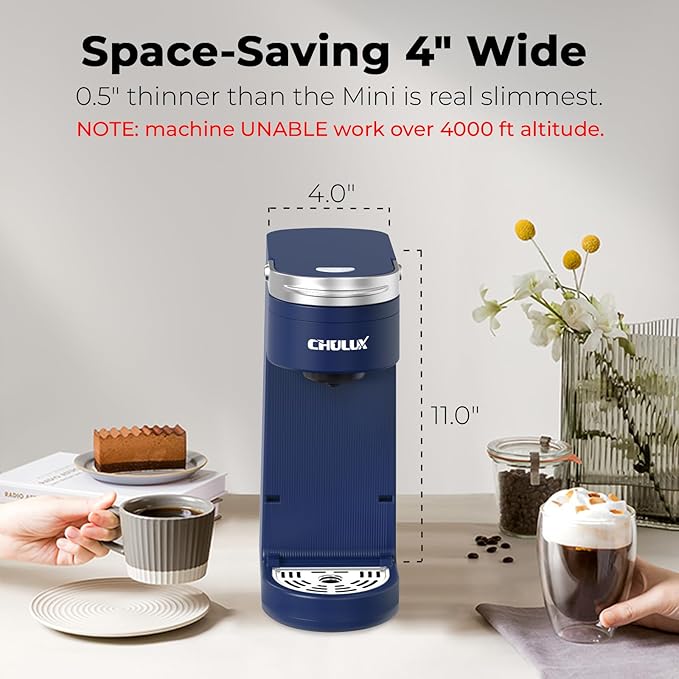 CHULUX Slim Single Serve Coffee Maker for K Pods, One Cup Coffee Maker Fits 7.3" Travel Mugs, Coffee Machine with 6 to 12oz Brew Sizes, Navy Blue