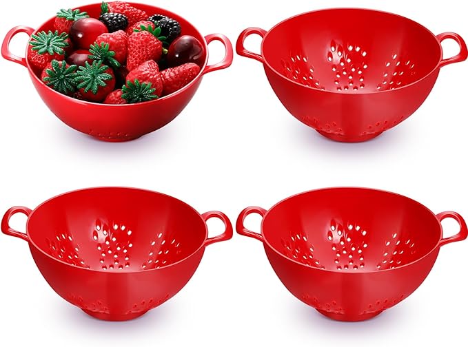 Baderke 4 Pack Mini Colander for Kitchen Plastic Berry Strainer with Double Handles 7.5 x 6 x 3 Inch Small Colander Strainer for Fruits Vegetables Food (Red)