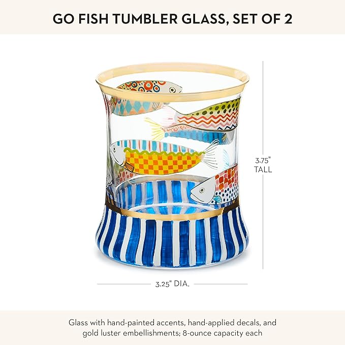 MACKENZIE-CHILDS Tumbler Glasses, Elegant Drinkware, Glasses with Gold Rim, 8 Ounces, Set of 2, Go Fish