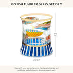 MACKENZIE-CHILDS Tumbler Glasses, Elegant Drinkware, Glasses with Gold Rim, 8 Ounces, Set of 2, Go Fish
