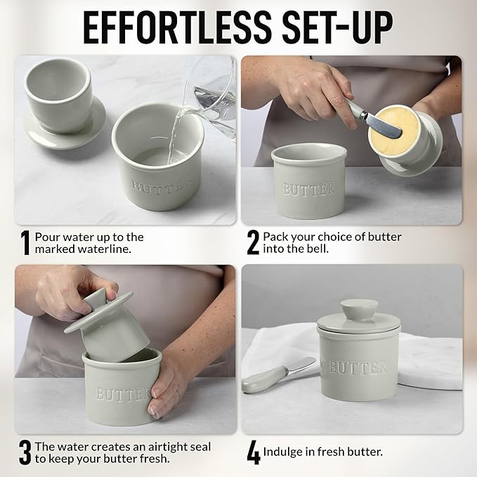 Zulay Kitchen Butter Crock With Lid & Spreader Knife for Countertop - Ceramic French Butter Dish Keeper For Fresh & Spreadable Butter - Light Gray