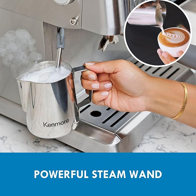 Kenmore Espresso Machine – Automatic Coffee Maker with Manual Tamper, Auto Cleaning, Milk Steamer & Frother, Bean Grinder, Brew Professional Barista Style Cappuccino, Café Latte