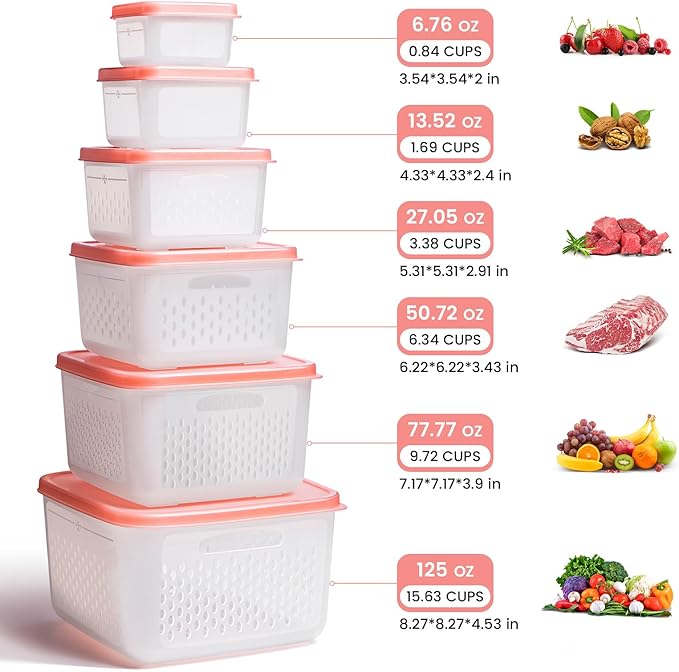 6 PCS Fruit Storage Containers for Fridge with Lids, BPA-Free, Produce Storage Containers with Removable Colander, Dishwasher & Microwave Safe for Salad Berry Lettuce Keeper