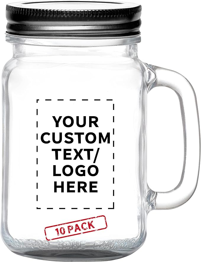 DISCOUNT PROMOS Custom Libbey Handle Mason Jars w/Lids 16 oz. Set of 10, Personalized Bulk Pack - Traditional style, High standard - Black