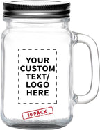 DISCOUNT PROMOS Custom Libbey Handle Mason Jars w/Lids 16 oz. Set of 10, Personalized Bulk Pack - Traditional style, High standard - Black