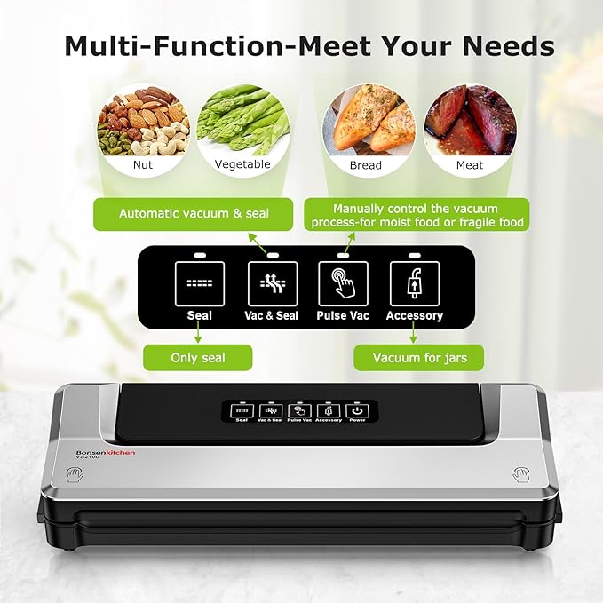 [Updated 2025] Bonsenkitchen Vacuum Sealer Machine + 40 Vacuum Bags, Fast-Compact/Multi-Functional Food Vacuum Sealer with External Vacuum System, Silver