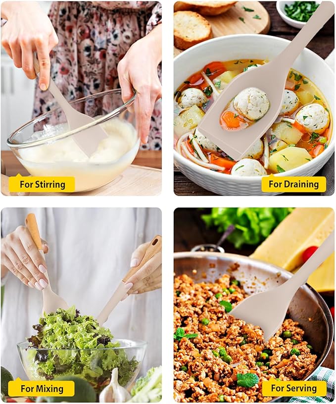 Pack of 2 Large Silicone Cooking Spoons, Heat Resistant Non Stick Kitchen Utensils with Wooden Handle, Ideal for Mixing, Stirring, Serving, Cooking(KHAKI)