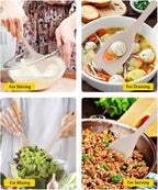 Pack of 2 Large Silicone Cooking Spoons, Heat Resistant Non Stick Kitchen Utensils with Wooden Handle, Ideal for Mixing, Stirring, Serving, Cooking(KHAKI)