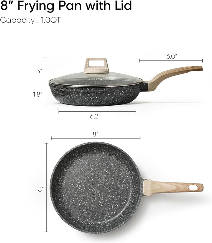 CAROTE Non Stick Frying Pan Skillet, 8" Nonstick Fry Pan with Glass Lid, Egg Pan Omelet Pans, Granite Cookware, PFOA Free (Classic Granite, 8-Inch)