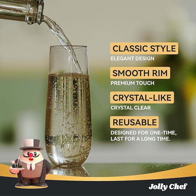JOLLY CHEF 48 Pack Stemless Plastic Champagne Flutes 9 oz, Crystal Clear Stemless Plastic Toasting Glasses, Clear Disposable Unbreakable Drinkware Ideal for Wedding, Birthday, Party