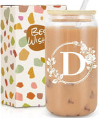 Birthday Gifts for Women, Monogrammed Initial Glass Cup Personalized Gifts for Women, 16oz Glass Cups with Lids and Straws, Iced Coffee Cup, Beer Can Shaped Glass - Gifts for Christmas, Birthday, D