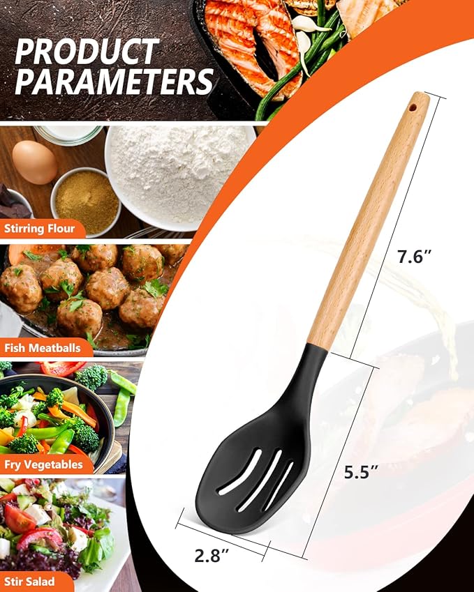 Large Silicone Cooking Spoons, 2 Pack Nonstick Solid and Slotted Wooden handle Spoon Set, Heat Resistan Silicone Kitchen Spoons for Cooking, Serving, Basting, Mixing (Black)