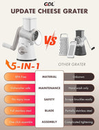 GDL Rotary Cheese Grater, Upgraded 5-in-1 Cheese Grater Hand Crank, Multi-purpose Cheese Shredder with Handle, Vegetable Slicer Cutter Ice Shaver for Potato, Carrot, Nuts, Chocolate