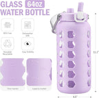 MUKOKO 64oz Glass Water Bottles with Straw and Lid,Half Gallon Water Bottle with Time Marker,Large Glass Water Jug with Silicone Sleeve and Stainless Steel Handle-Purple