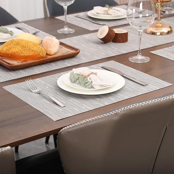 Myir JUN Placemats Set of 6, Vinyl Woven Placemats Place Mats Indoor Washable Table Mats Non-Slip Place mats for Dining Table (Silver, Set of 6)