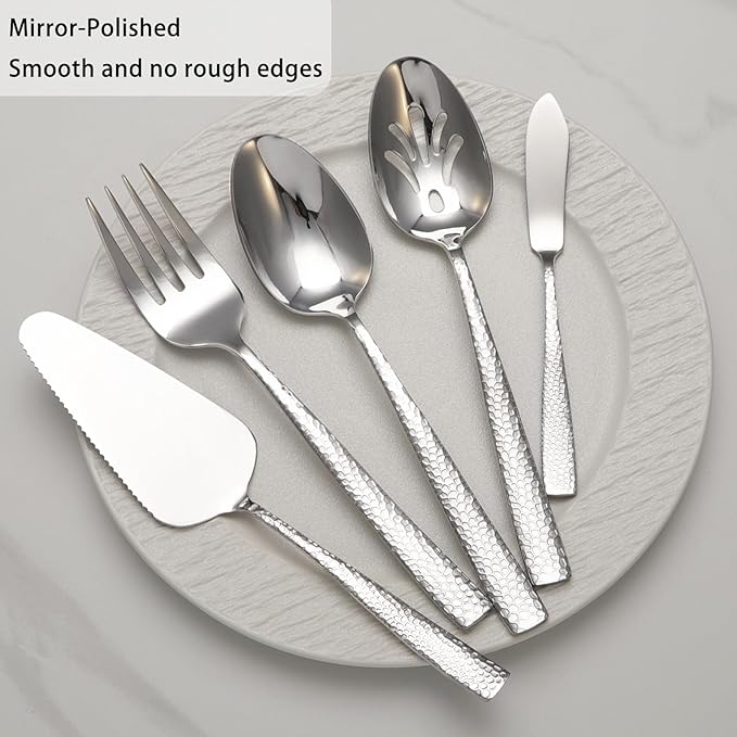 Large Hostess Serving Utensils Set, Stainless Steel Heavy Duty Hammered Serving spoons, Slotted Spoons, Serving Fork, Cake Server, Butter Knife, Dishwasher Safe（Silver）