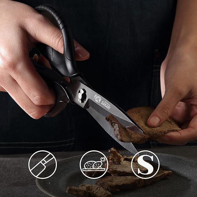 MITSUMOTO SAKARI Japanese Kitchen Scissors, All Purpose, Black Titanium Plated Heavy Duty, Multipurpose Cooking and Herb Scissors with Micro Serrated Edge