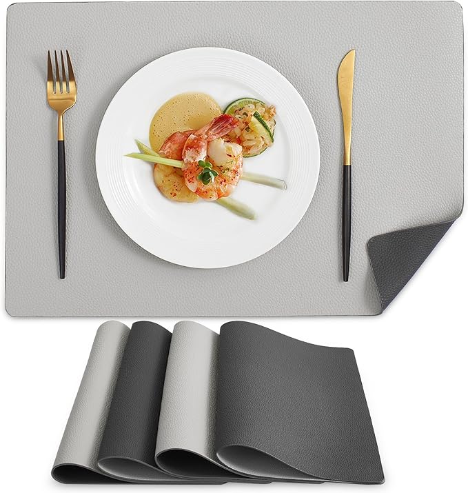 MOSAYT Vinyl Placemats Set of 4, Heat Resistant Place Mats 100% Waterproof Washable & Wipeable Faux Leather Reversible Table Mats for Kitchen Dining Party Indoor Outdoor, 12" x 17", Dark Light/Grey