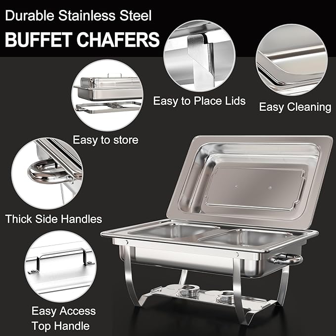 MEEZY 4 Pack 9QT Chafing Dish Buffet Set, Stainless Steel Buffet Chafers with Full Size, Half Size, Size Pan Foldable Catering Food Warmer for Wedding Banquet Catering Party