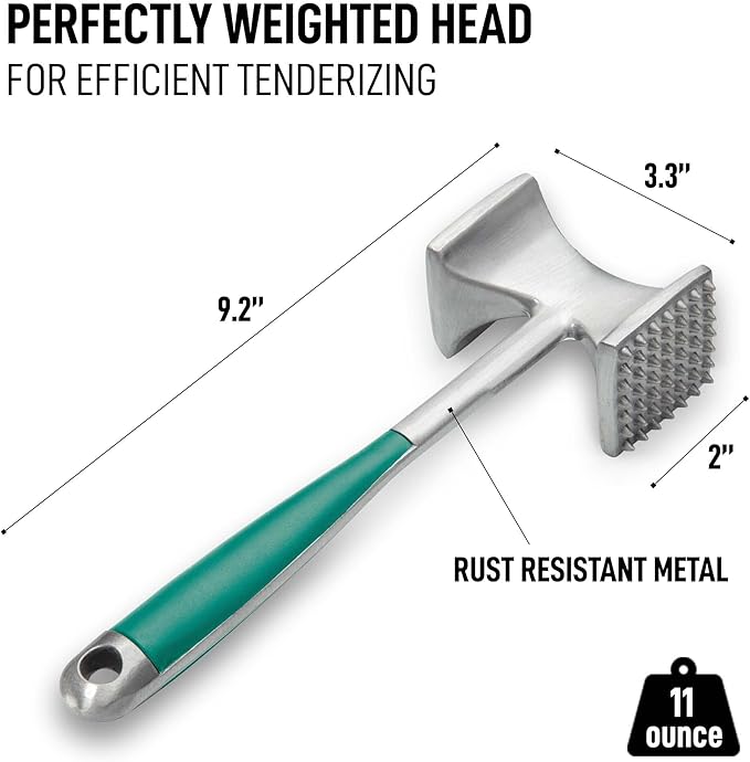 Zulay Meat Tenderizer Hammer 10" Heavy Duty Dual Sided Mallet with Comfort Grip – Metal Pounder for Beef, Chicken, Pork & More - Mint