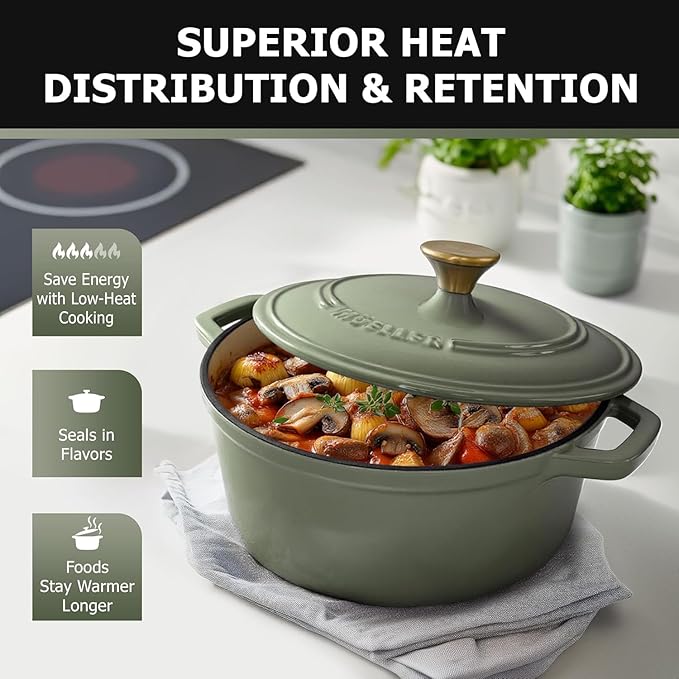 MÜELLERHOME 7.5 Quart Enameled Cast Iron Dutch Oven For Sourdough Bread Baking, Heavy-Duty, Oven-Safe up to 500° F & Across All Cooktops, Casserole Dishes, Green Kitchen Accessories, Thyme Green