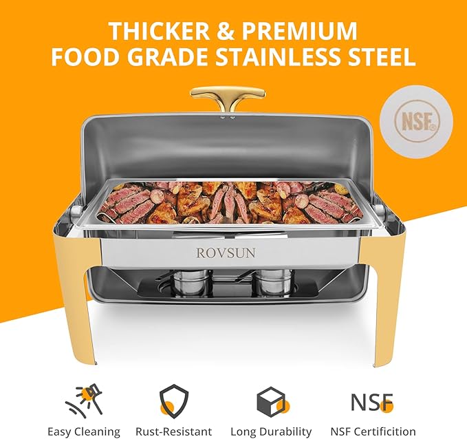 ROVSUN 9 Quart Stainless Steel Chafing Dish Buffet Set Gold Accent, Roll Top Rectangular Buffet Servers and Warmers Set Warming Tray, Chafer with Glass Window for Wedding, Parties, Catering