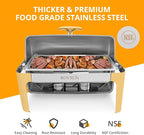 ROVSUN 3 Packs Roll Top Chafing Dish Buffet Set Gold Accent,NSF 9 Quart Rectangular Stainless Steel Chafer, Buffet Servers and Warmers Set Warming Tray for Wedding, Parties, Banquet, Catering Events