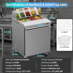 29" W Commercial Refrigerator Sandwich Salad Prep Table Refrigerator Stainless Steel with 8 Pans, Kitchen Equipment for Restaurant, Bar, Shop, Buffet, etc, ETL/NSF/DOE Approved