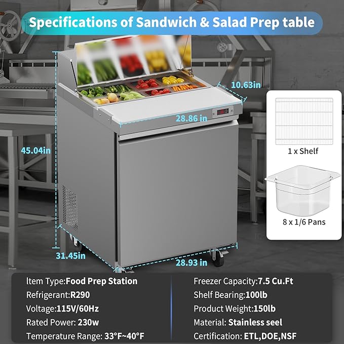 29" W Commercial Refrigerator Sandwich Salad Prep Table Refrigerator Stainless Steel with 8 Pans, Kitchen Equipment for Restaurant, Bar, Shop, Buffet, etc, ETL/NSF/DOE Approved
