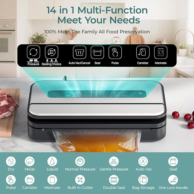 Upgraded Vacuum Sealer for Food, 90kpa 14 in 1 Food Sealer Vacuum Sealer Machine, Easy Lock Handle/Sous Vide Friendly, Liquid/Dry/Moist Food Saver Storage Vacuum Sealers with 2 Roll Bags (25 Max)