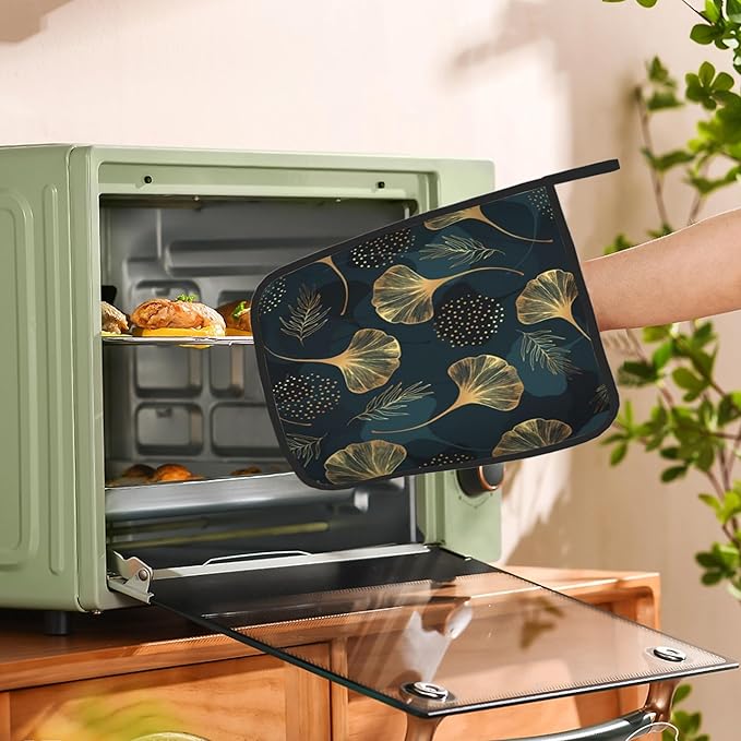Ginkgo Leaves Pot Holders Set of 2, Kitchen Heat Resistant Vintage Floral Potholder for Microwave Cooking Baking Oven End Dishes and BBQ