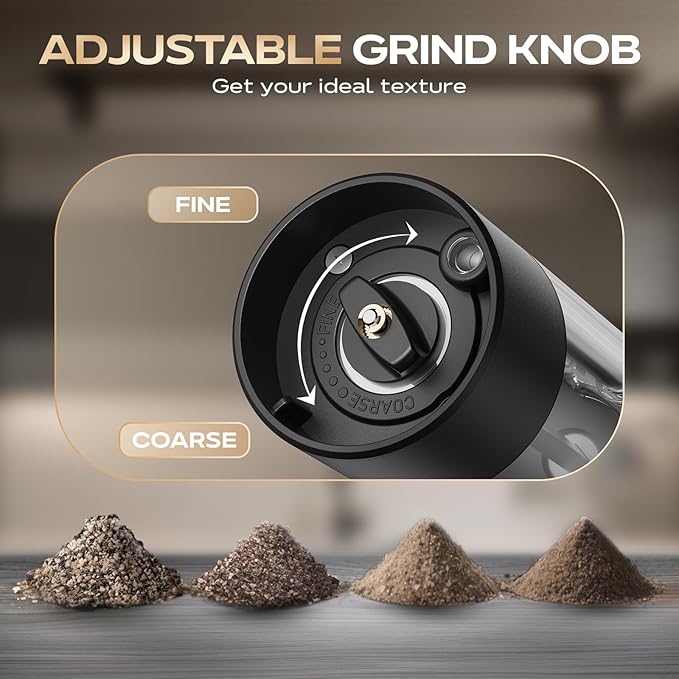 Electric Salt and Pepper Grinder Set, Rechargeable Automatic Salt Pepper Shakers Mills, Adjustable Coarseness Easy Filling with Base, for Kitchen Outdoors Gift- 2 Packs, Upgrade Black