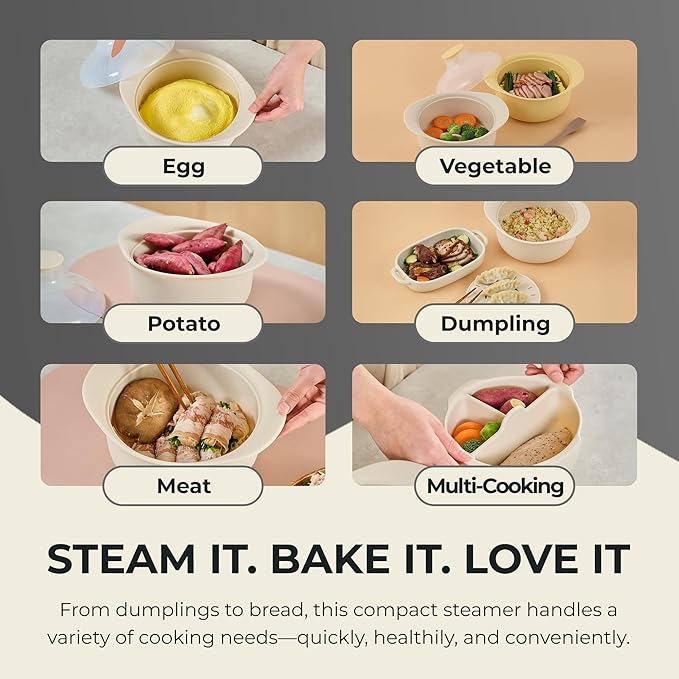 48oz Platinum Silicone 3 Compartmented Microwave Steamer Pot with Handle & Lid - Korean 100% Food-Grade Steamer Bowl, Heat-Resistant Cooker with Steam Holes, Easy Clean, Dishwasher Safe, Ivory