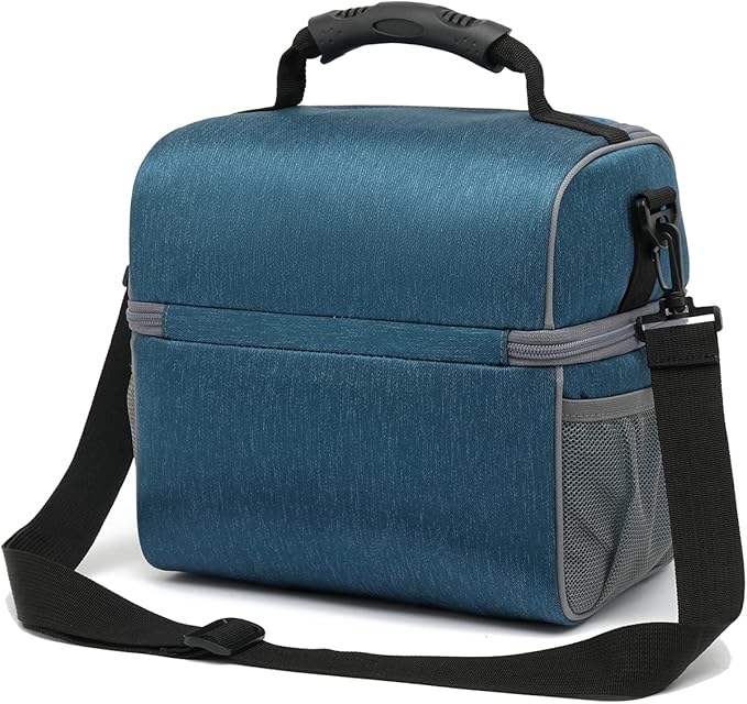 FlowFly Double Layer Cooler Insulated Lunch Bag Adult Lunch Box Large Tote Bag for Men, Women, With Adjustable Strap,Front Pocket and Dual Large Mesh Side Pockets