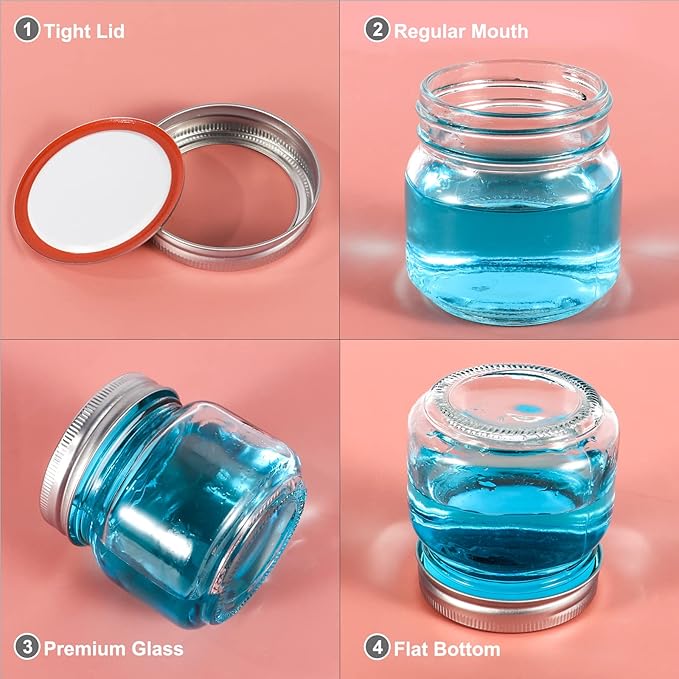 Betrome 8 oz Mason Jars, 24 Pack 240ml Glass Canning Jars with Regular Mouth Lids, Glass Storage Containers for Overnight Oats, Jam, Jelly, Honey, Beans, Spice, Wedding Party Favor, Shower Favor