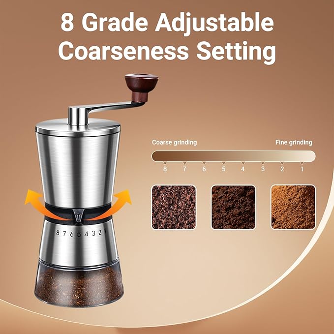 Ceramic Burr Manual Coffee Grinder with 8 Adjustable Coarseness Settings for Cold Brew Espresso Beans French Press Pour Over Drip Stainless Steel Hand Crank Coffee Mill for Home use or Travel Camping