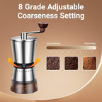 Ceramic Burr Manual Coffee Grinder with 8 Adjustable Coarseness Settings for Cold Brew Espresso Beans French Press Pour Over Drip Stainless Steel Hand Crank Coffee Mill for Home use or Travel Camping