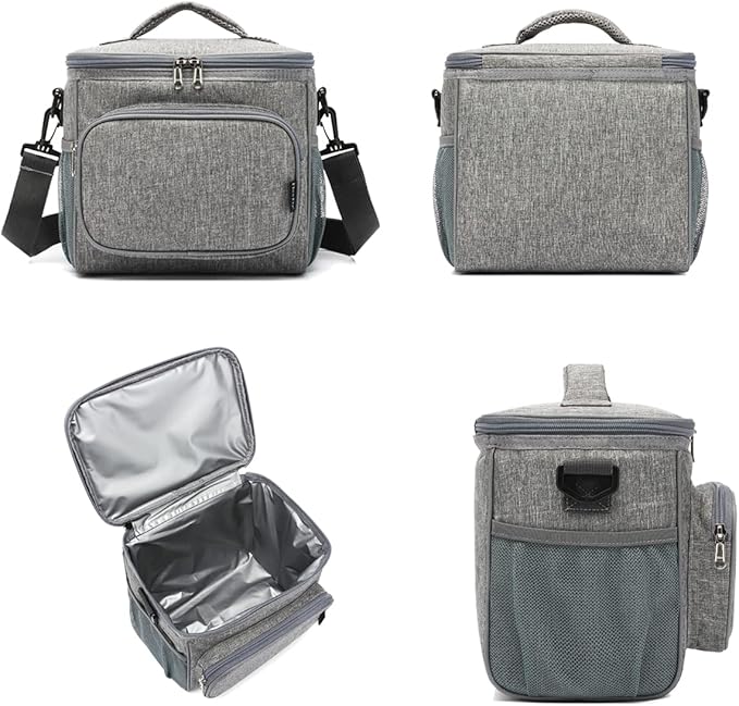 FlowFly Insulated Reusable Lunch Bag Adult Large Lunch Box for Women and Men with Adjustable Shoulder Strap,Front Zipper Pocket and Dual Large Mesh Side Pockets,Grey