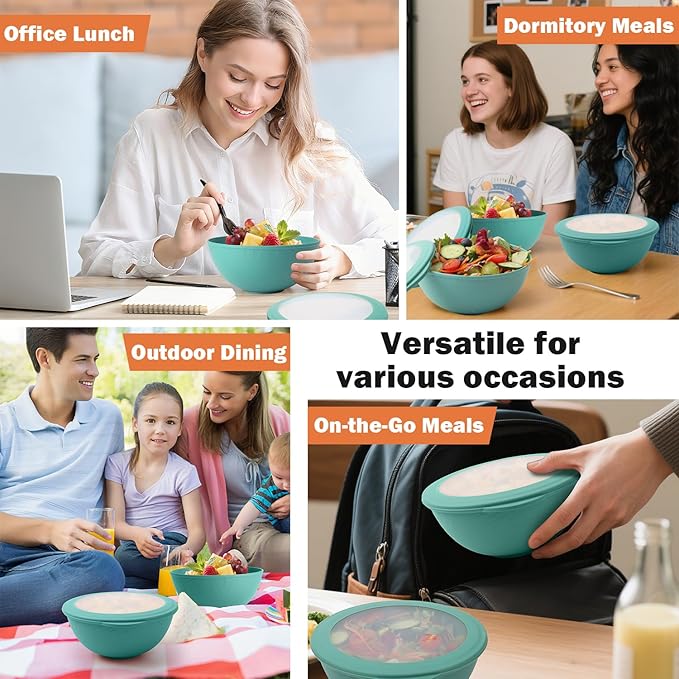 40 OZ Wheat Straw Bowls with Lids Set, 4 PCS Unbreakable Salad Bowls with Lid, Alternative Plastic Food Containers with Lids for Lunch, Microwave & Dishwasher Safe Kitchen Bowl Set, Green